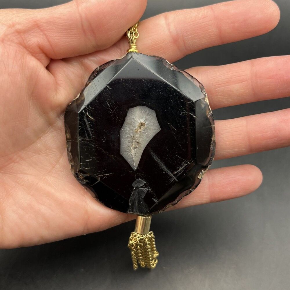 Bourbon And Bowties Boho Tassel Pendant Necklace Black Geode Gold Tone 30 In - Picture 6 of 6